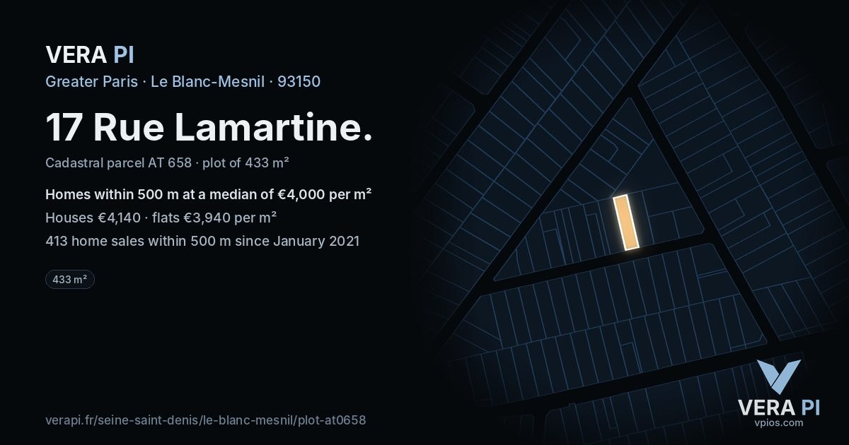 17 Rue Lamartine, Le Blanc-Mesnil at night – the plot lit, the parcels around coloured by the prices near them