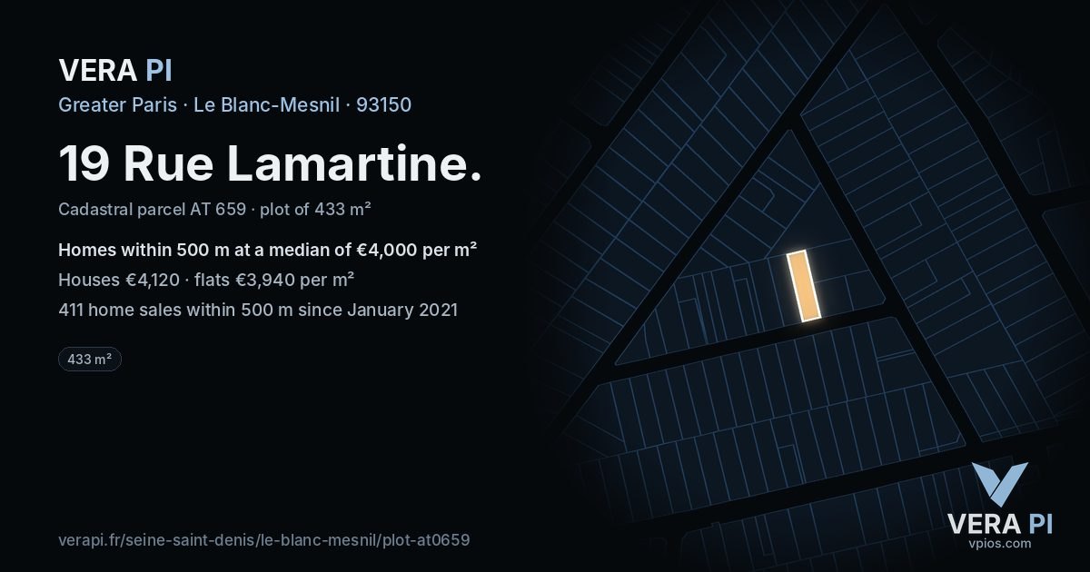 19 Rue Lamartine, Le Blanc-Mesnil at night – the plot lit, the parcels around coloured by the prices near them