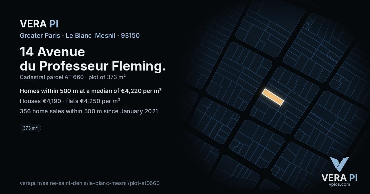 14 Avenue du Professeur Fleming, Le Blanc-Mesnil at night – the plot lit, the parcels around coloured by the prices near them