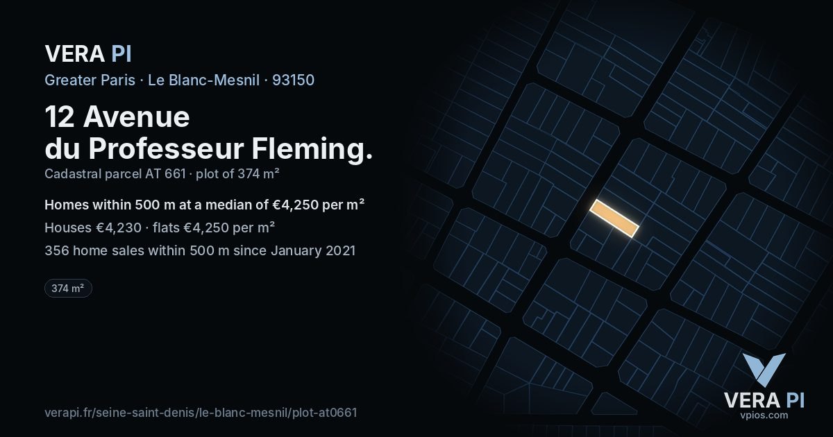12 Avenue du Professeur Fleming, Le Blanc-Mesnil at night – the plot lit, the parcels around coloured by the prices near them