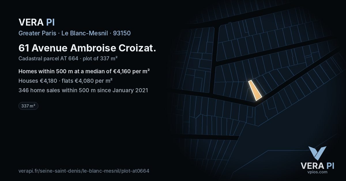 61 Avenue Ambroise Croizat, Le Blanc-Mesnil at night – the plot lit, the parcels around coloured by the prices near them