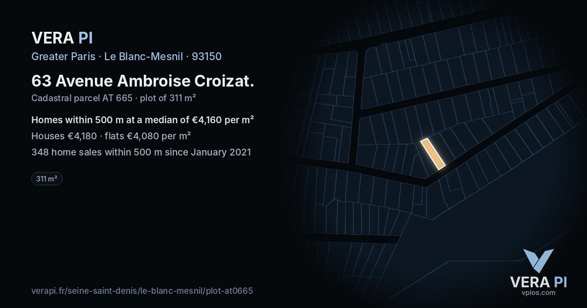 63 Avenue Ambroise Croizat, Le Blanc-Mesnil at night – the plot lit, the parcels around coloured by the prices near them