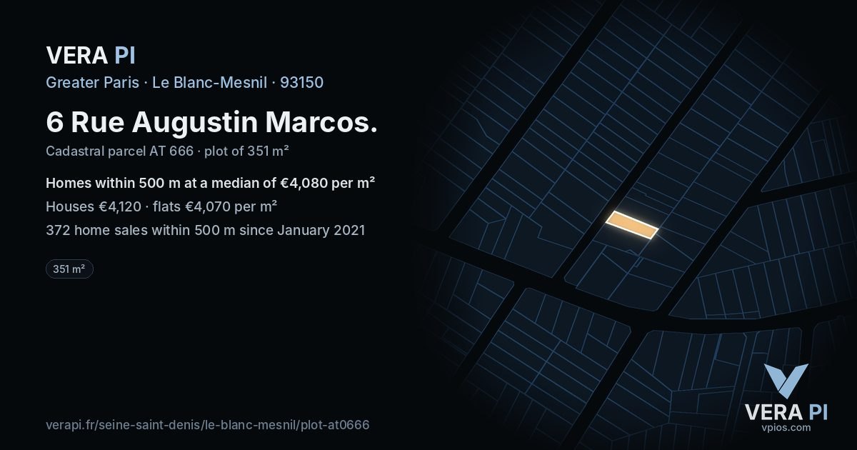 6 Rue Augustin Marcos, Le Blanc-Mesnil at night – the plot lit, the parcels around coloured by the prices near them