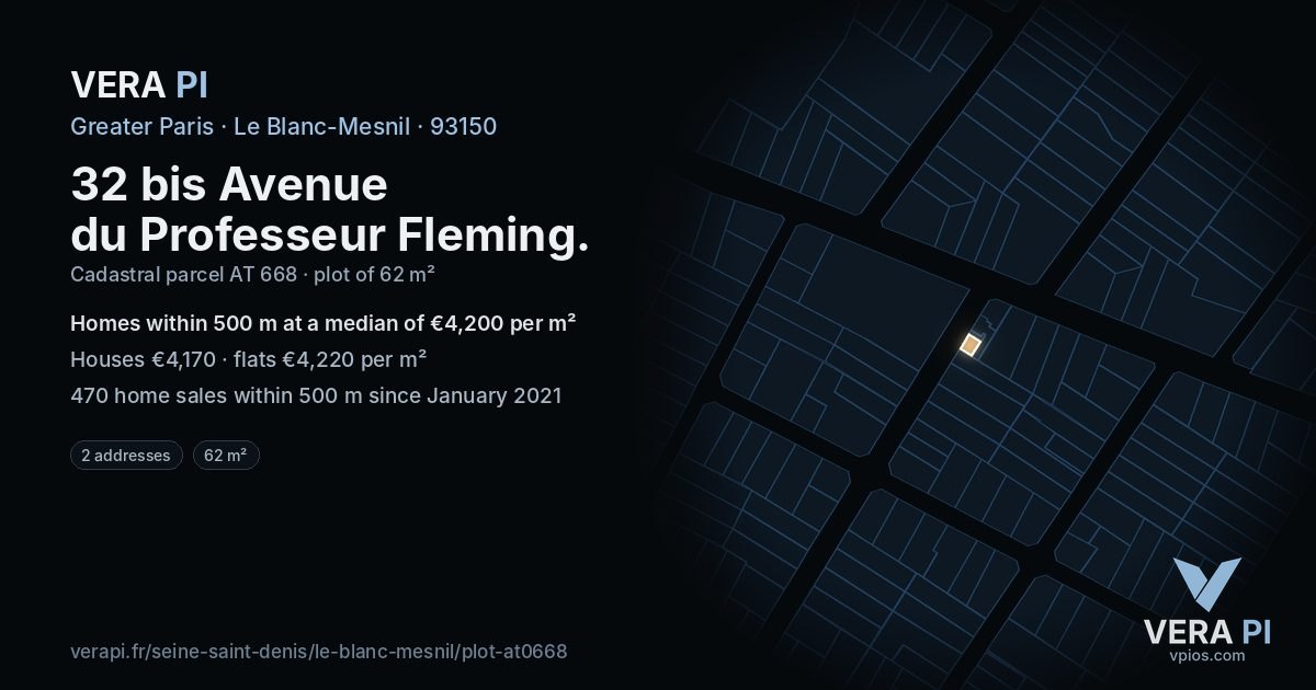 32 bis Avenue du Professeur Fleming, Le Blanc-Mesnil at night – the plot lit, the parcels around coloured by the prices near them