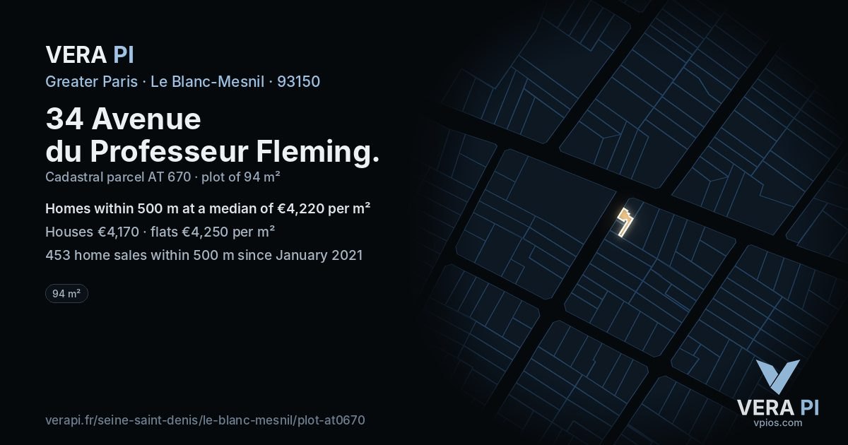 34 Avenue du Professeur Fleming, Le Blanc-Mesnil at night – the plot lit, the parcels around coloured by the prices near them
