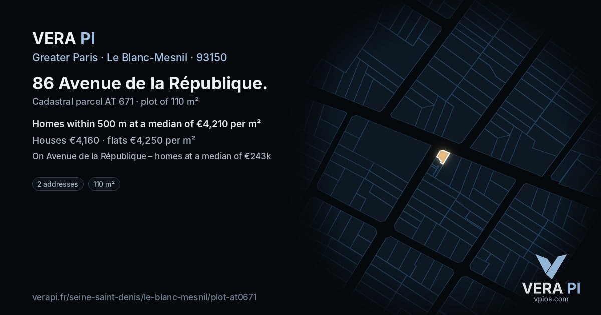 86 Avenue de la République, Le Blanc-Mesnil at night – the plot lit, the parcels around coloured by the prices near them