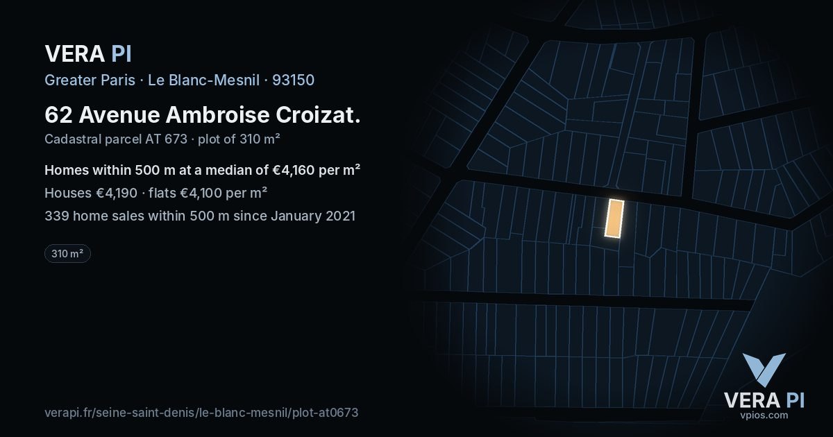 62 Avenue Ambroise Croizat, Le Blanc-Mesnil at night – the plot lit, the parcels around coloured by the prices near them