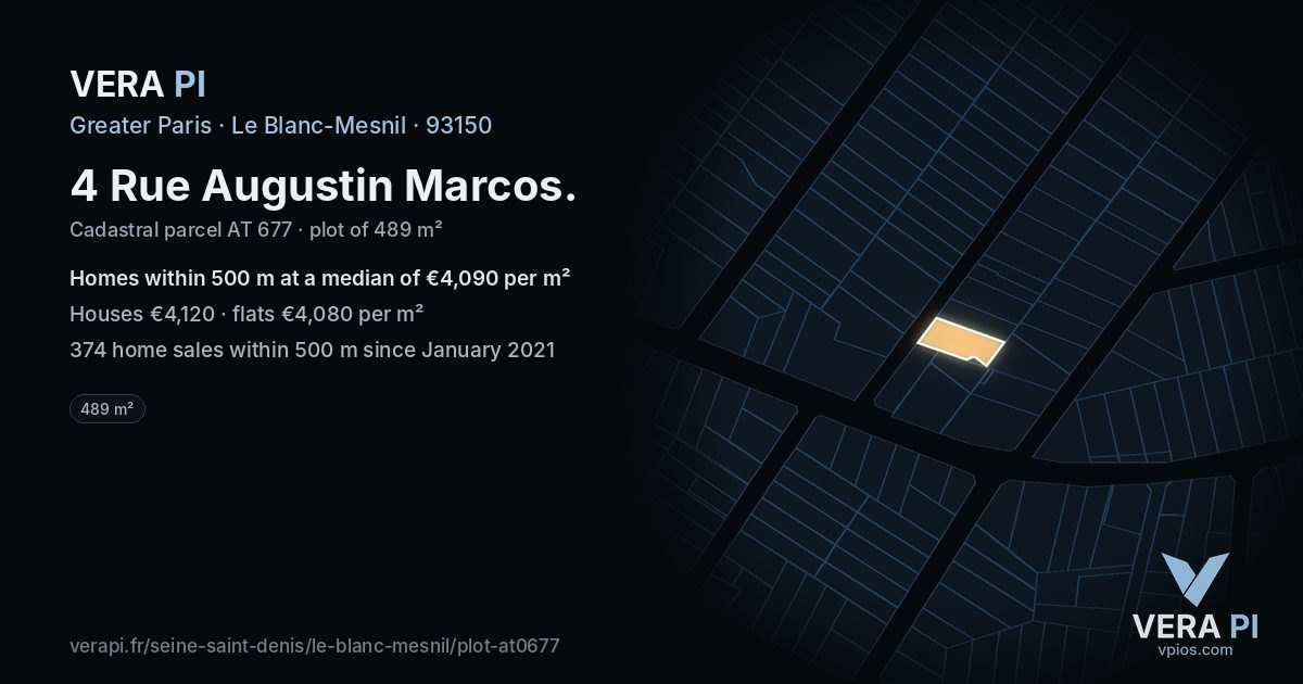 4 Rue Augustin Marcos, Le Blanc-Mesnil at night – the plot lit, the parcels around coloured by the prices near them
