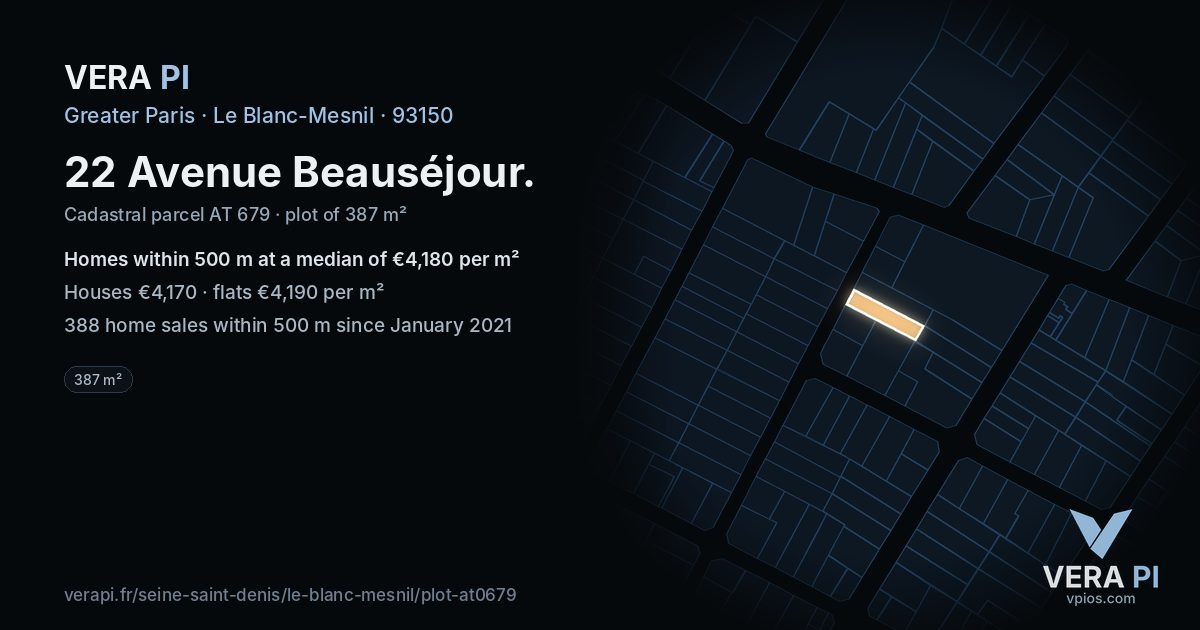 22 Avenue Beauséjour, Le Blanc-Mesnil at night – the plot lit, the parcels around coloured by the prices near them