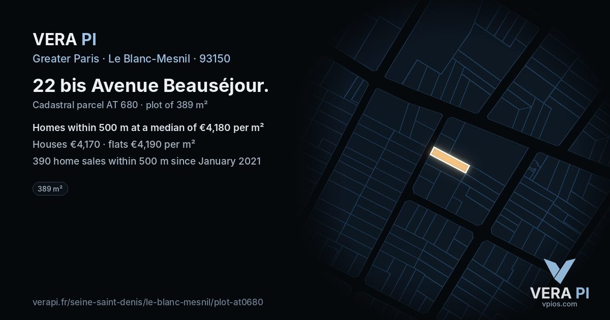 22 bis Avenue Beauséjour, Le Blanc-Mesnil at night – the plot lit, the parcels around coloured by the prices near them