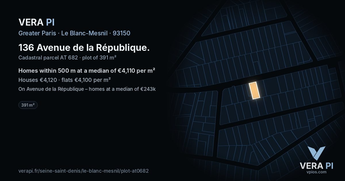 136 Avenue de la République, Le Blanc-Mesnil at night – the plot lit, the parcels around coloured by the prices near them