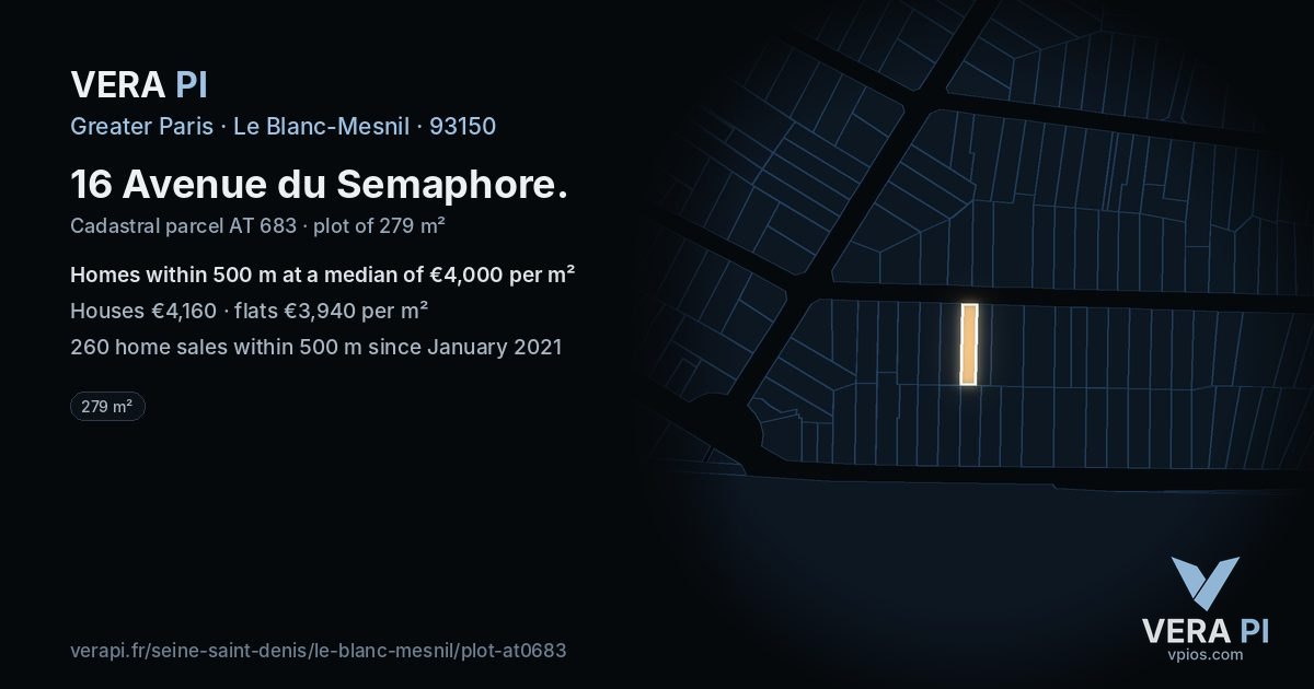 16 Avenue du Semaphore, Le Blanc-Mesnil at night – the plot lit, the parcels around coloured by the prices near them