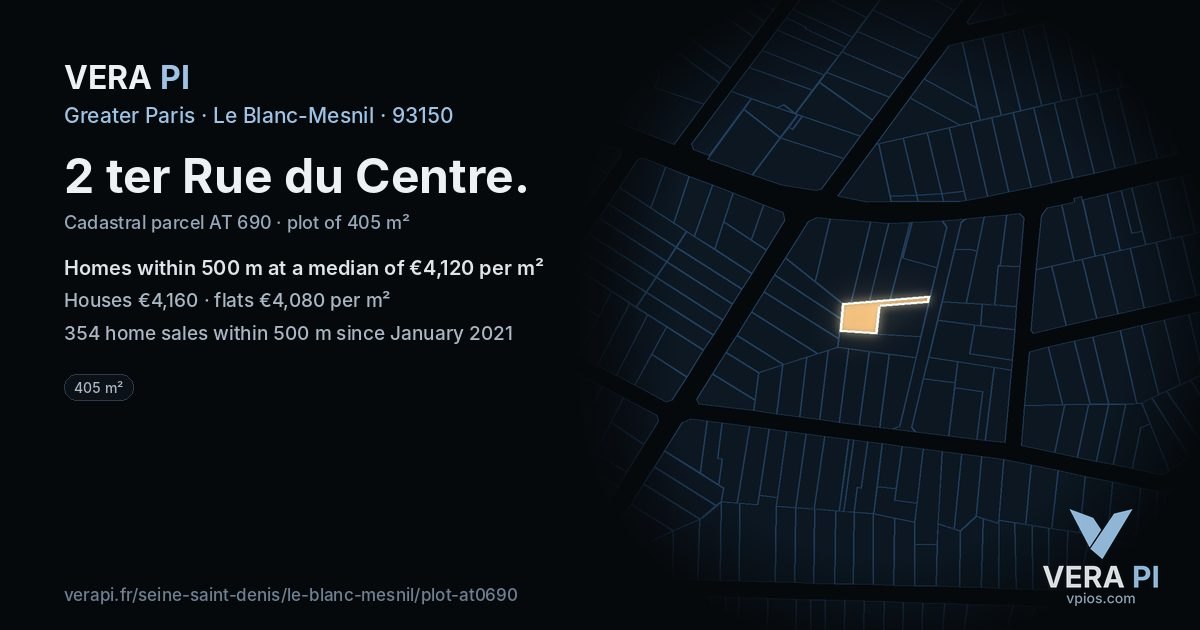 2 ter Rue du Centre, Le Blanc-Mesnil at night – the plot lit, the parcels around coloured by the prices near them