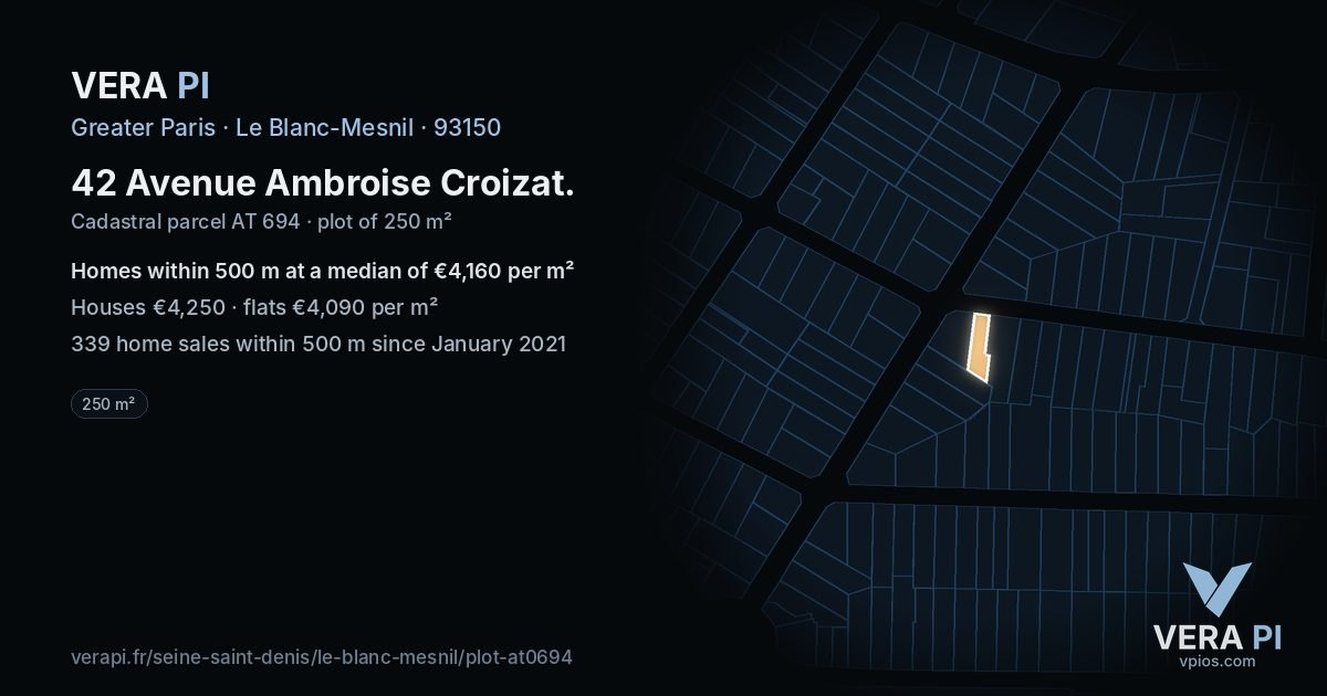 42 Avenue Ambroise Croizat, Le Blanc-Mesnil at night – the plot lit, the parcels around coloured by the prices near them