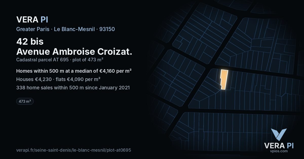 42 bis Avenue Ambroise Croizat, Le Blanc-Mesnil at night – the plot lit, the parcels around coloured by the prices near them
