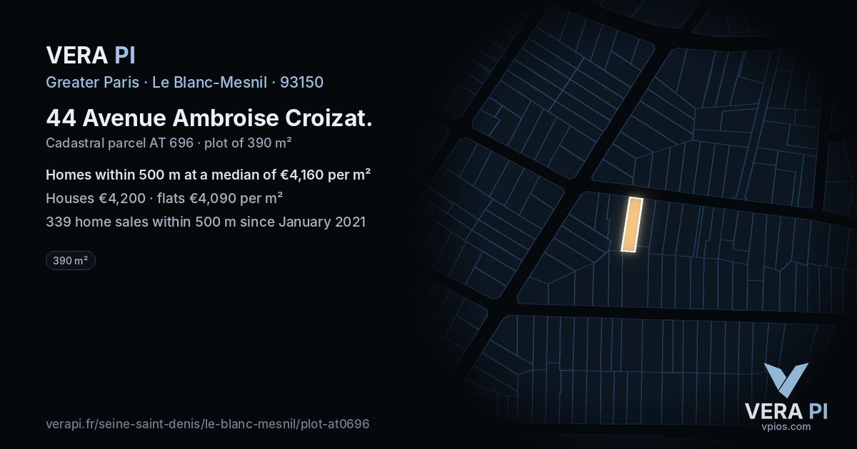 44 Avenue Ambroise Croizat, Le Blanc-Mesnil at night – the plot lit, the parcels around coloured by the prices near them