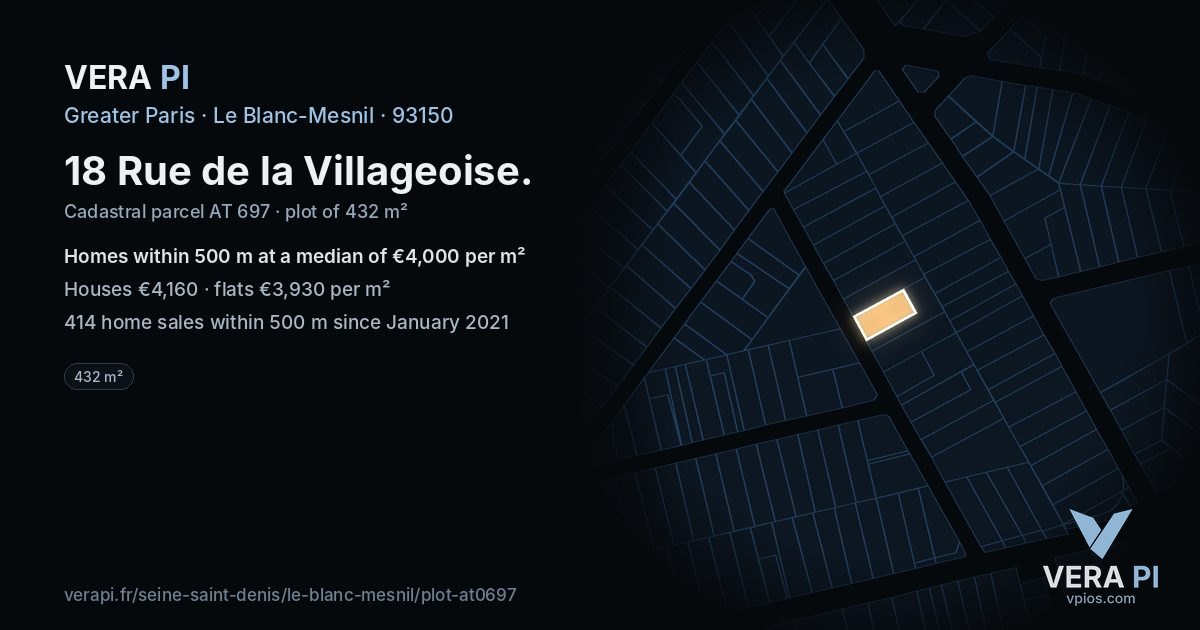 18 Rue de la Villageoise, Le Blanc-Mesnil at night – the plot lit, the parcels around coloured by the prices near them