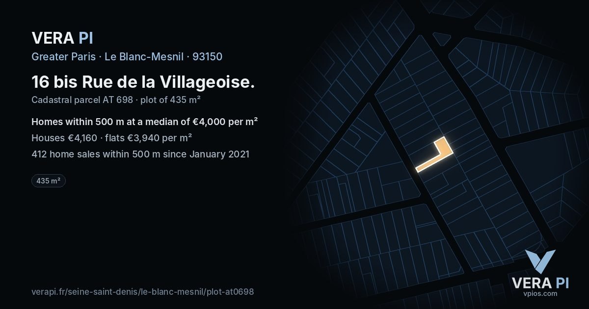 16 bis Rue de la Villageoise, Le Blanc-Mesnil at night – the plot lit, the parcels around coloured by the prices near them