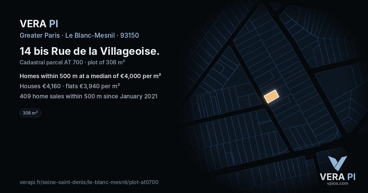 14 bis Rue de la Villageoise, Le Blanc-Mesnil at night – the plot lit, the parcels around coloured by the prices near them