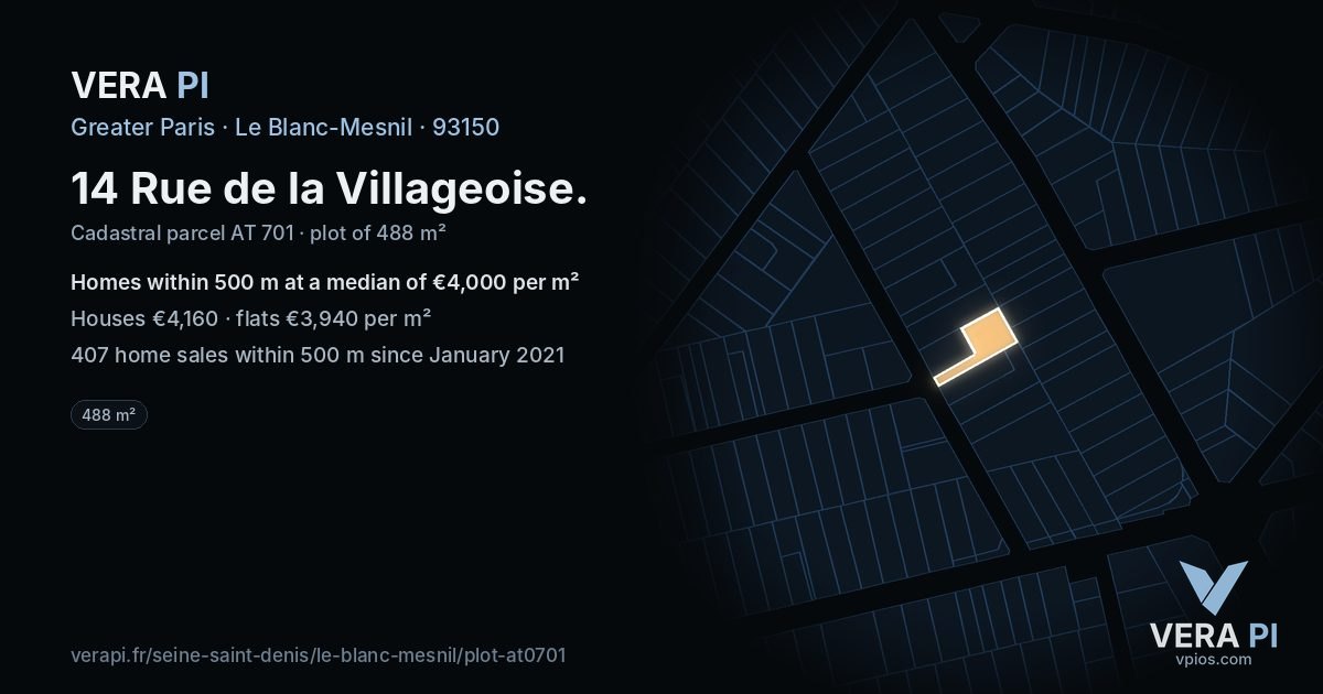 14 Rue de la Villageoise, Le Blanc-Mesnil at night – the plot lit, the parcels around coloured by the prices near them