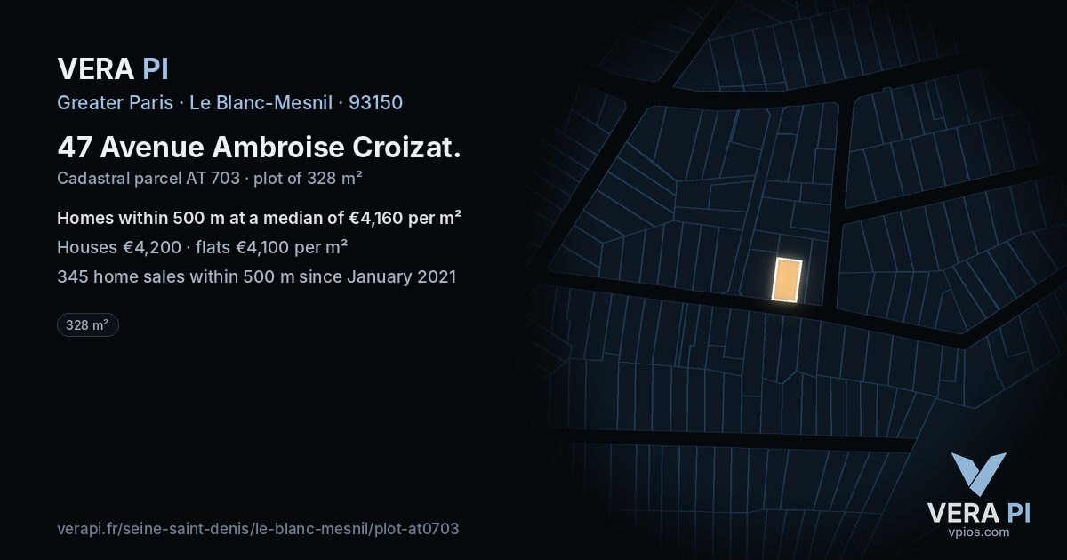 47 Avenue Ambroise Croizat, Le Blanc-Mesnil at night – the plot lit, the parcels around coloured by the prices near them
