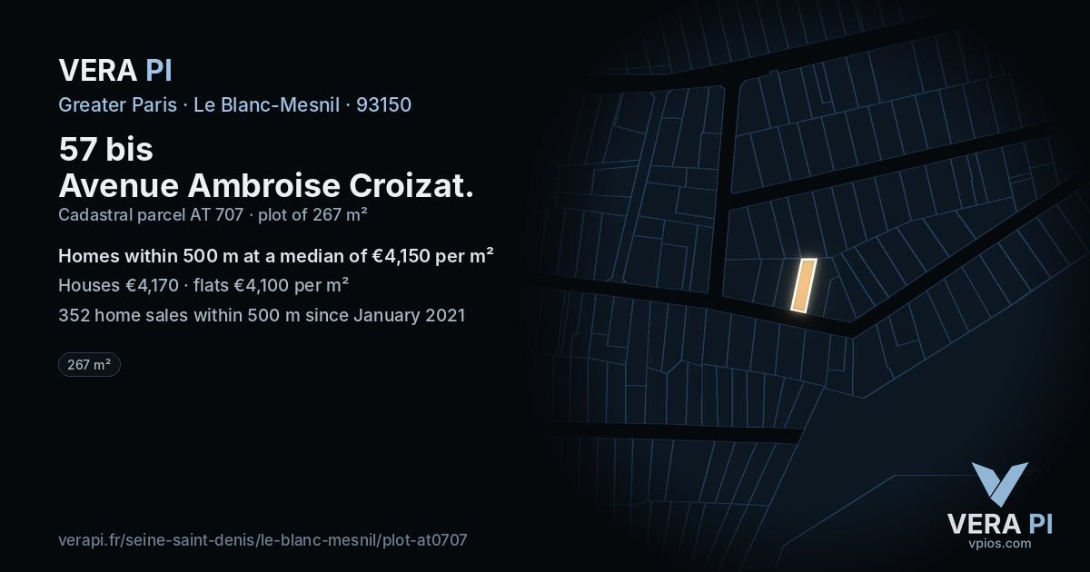 57 bis Avenue Ambroise Croizat, Le Blanc-Mesnil at night – the plot lit, the parcels around coloured by the prices near them