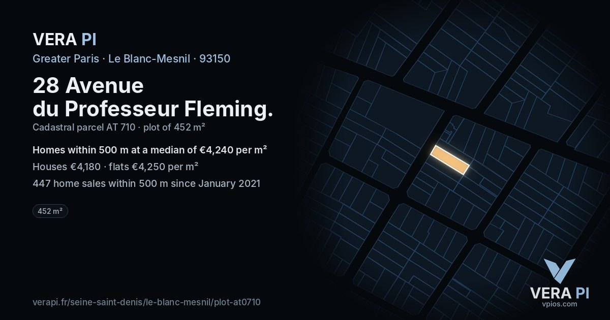 28 Avenue du Professeur Fleming, Le Blanc-Mesnil at night – the plot lit, the parcels around coloured by the prices near them