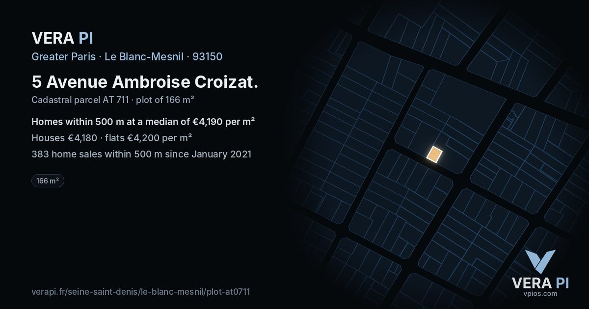 5 Avenue Ambroise Croizat, Le Blanc-Mesnil at night – the plot lit, the parcels around coloured by the prices near them