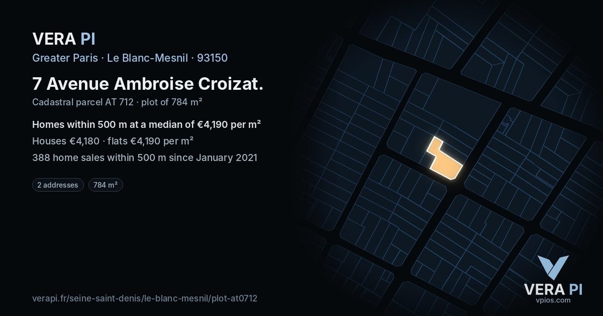 7 Avenue Ambroise Croizat, Le Blanc-Mesnil at night – the plot lit, the parcels around coloured by the prices near them
