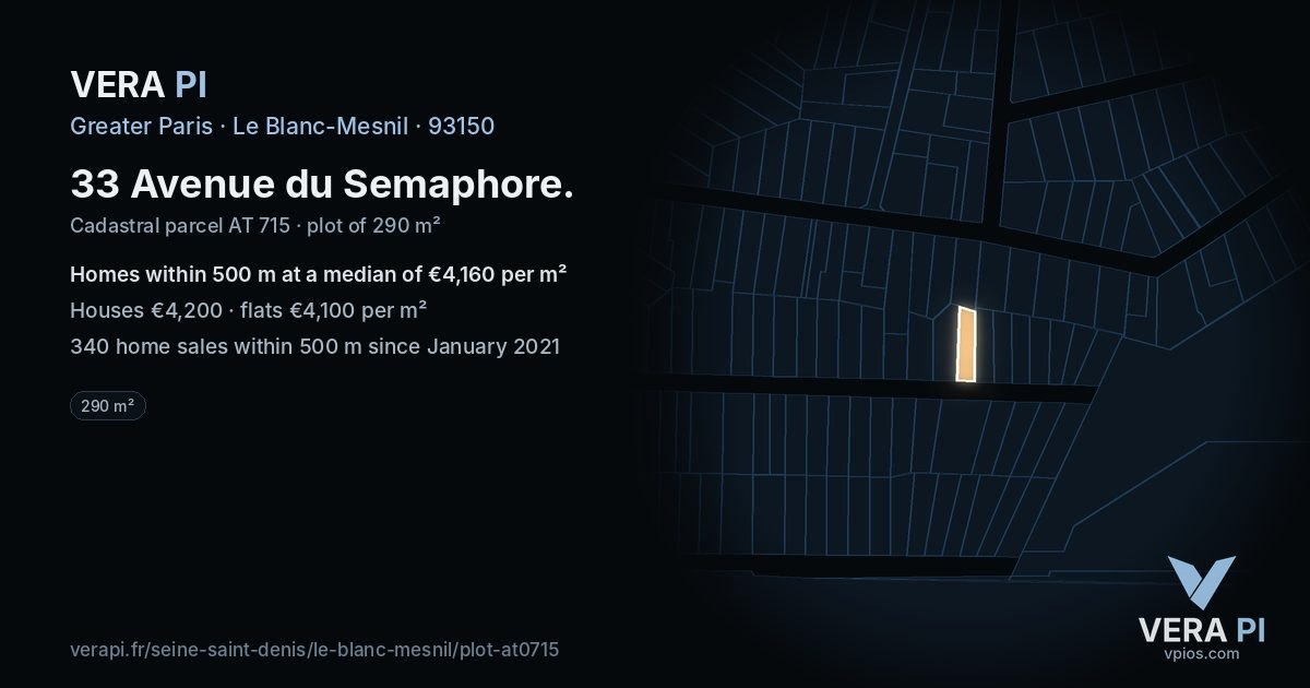 33 Avenue du Semaphore, Le Blanc-Mesnil at night – the plot lit, the parcels around coloured by the prices near them