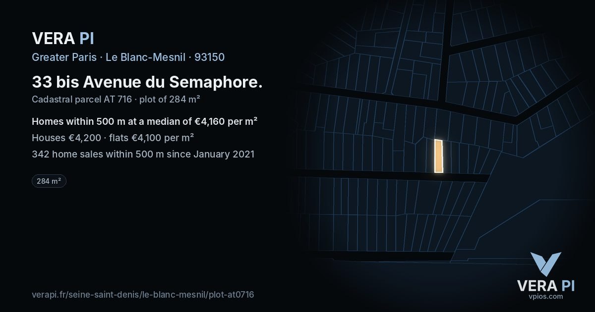 33 bis Avenue du Semaphore, Le Blanc-Mesnil at night – the plot lit, the parcels around coloured by the prices near them