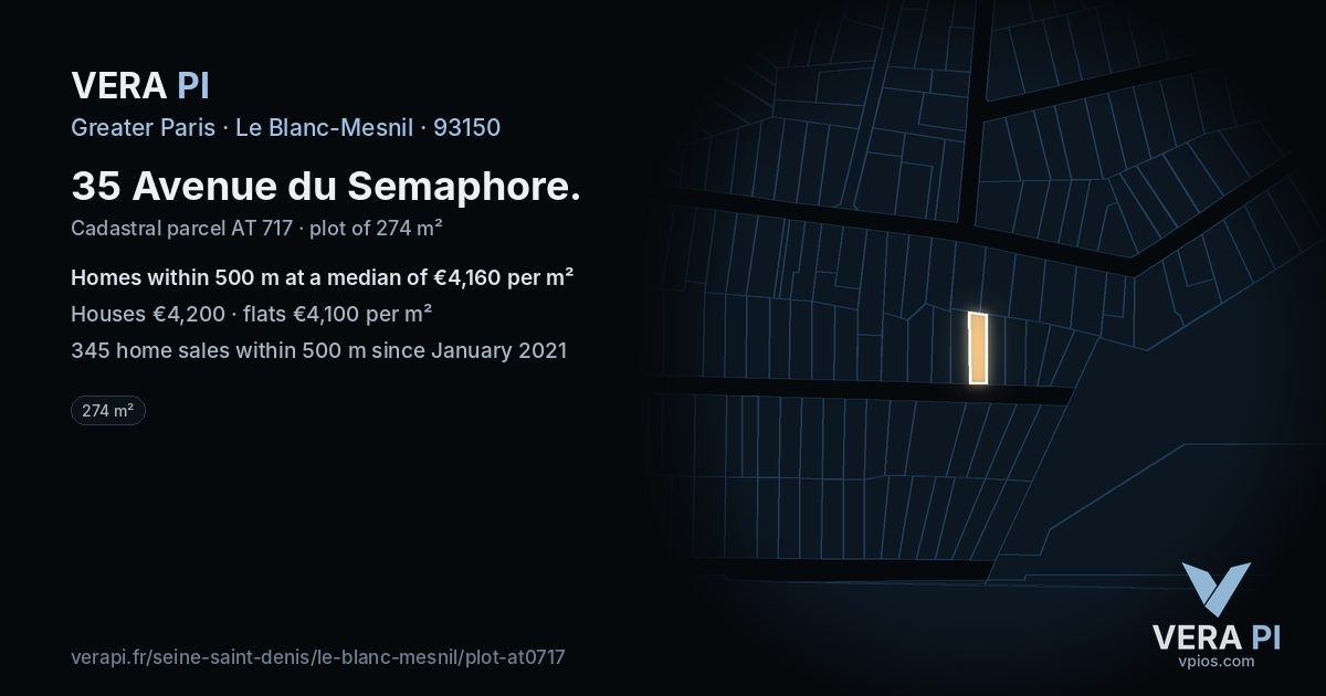 35 Avenue du Semaphore, Le Blanc-Mesnil at night – the plot lit, the parcels around coloured by the prices near them