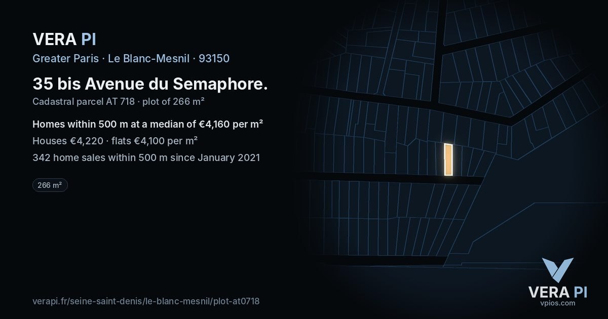 35 bis Avenue du Semaphore, Le Blanc-Mesnil at night – the plot lit, the parcels around coloured by the prices near them