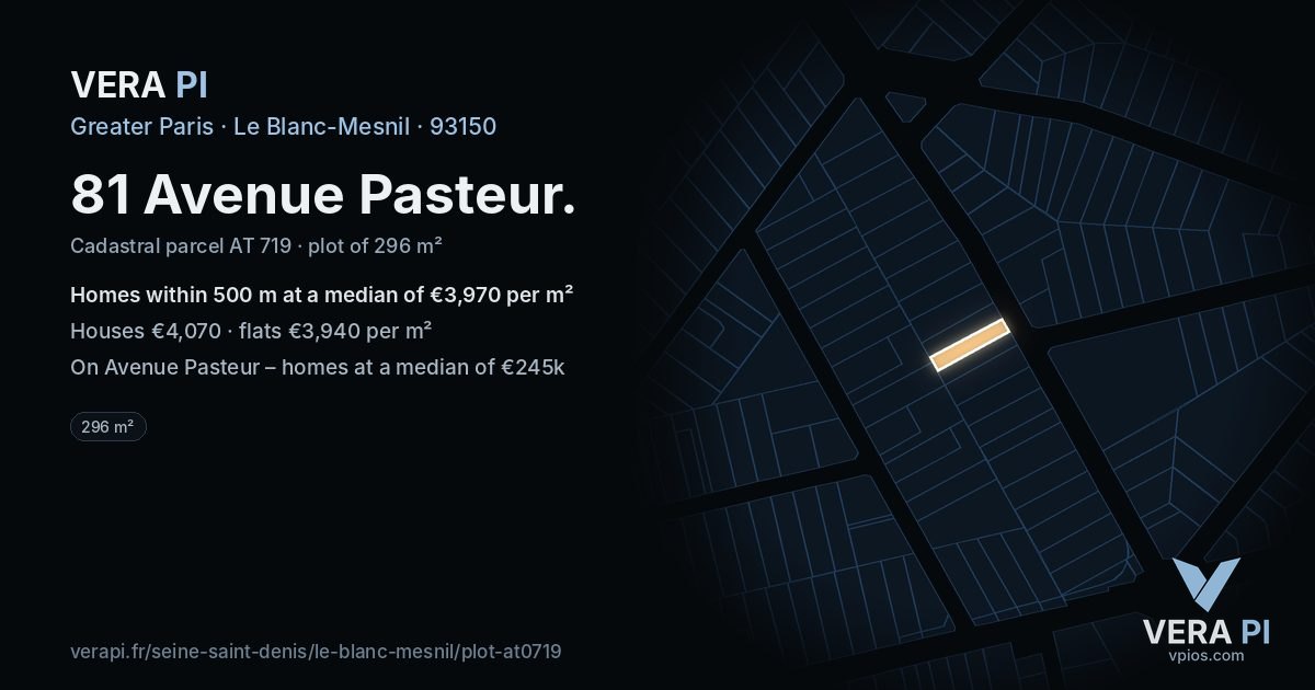 81 Avenue Pasteur, Le Blanc-Mesnil at night – the plot lit, the parcels around coloured by the prices near them