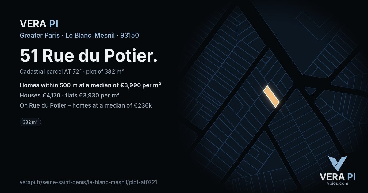 51 Rue du Potier, Le Blanc-Mesnil at night – the plot lit, the parcels around coloured by the prices near them