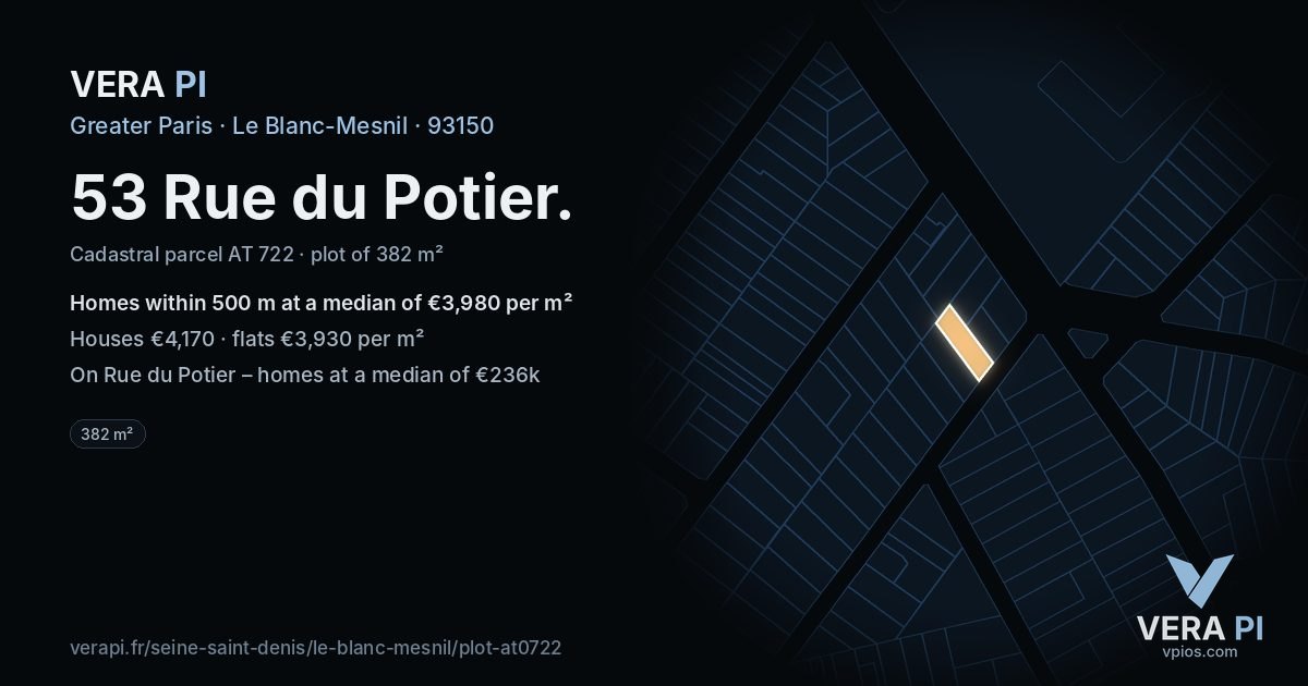 53 Rue du Potier, Le Blanc-Mesnil at night – the plot lit, the parcels around coloured by the prices near them