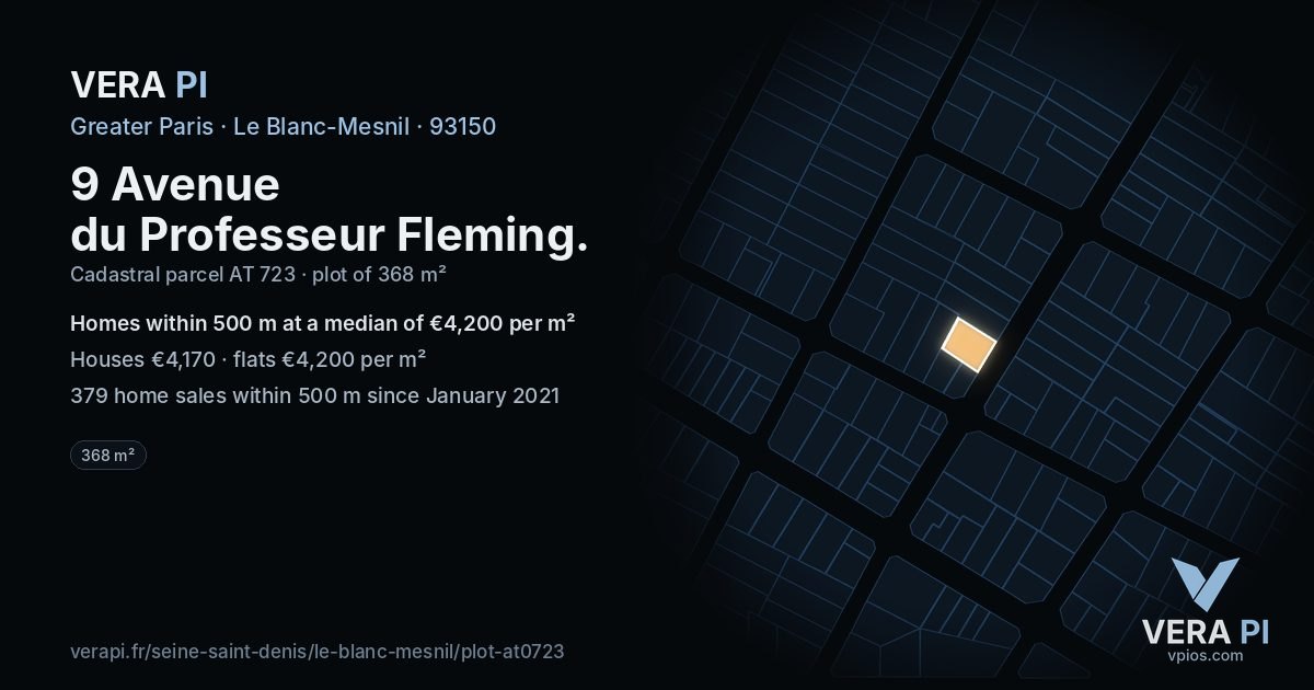 9 Avenue du Professeur Fleming, Le Blanc-Mesnil at night – the plot lit, the parcels around coloured by the prices near them