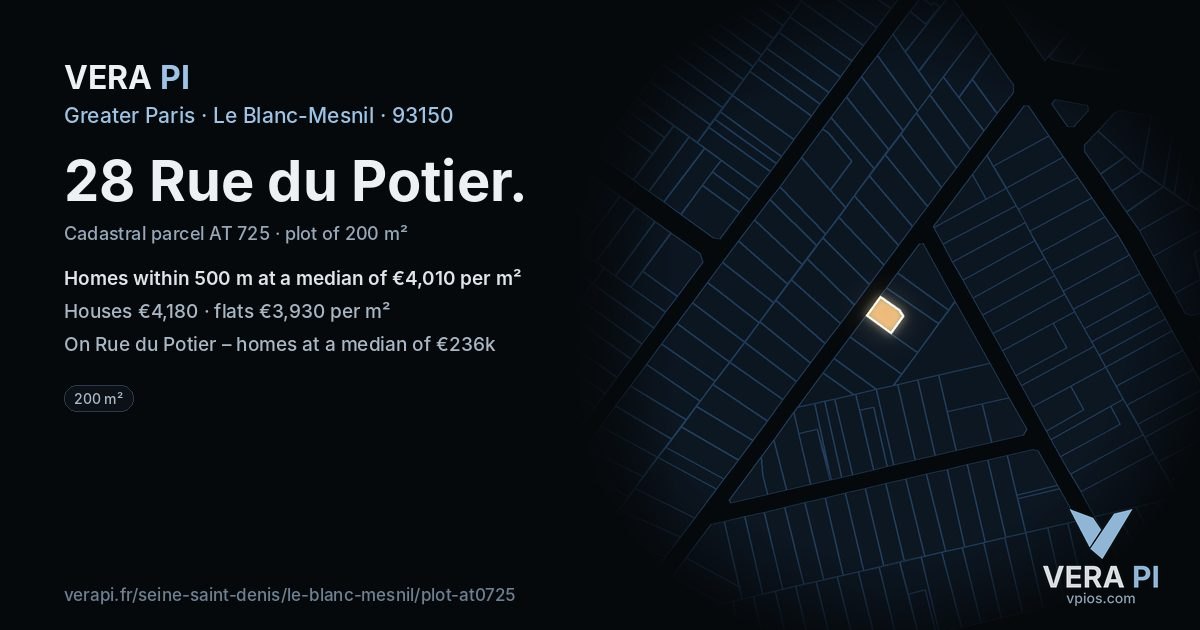 28 Rue du Potier, Le Blanc-Mesnil at night – the plot lit, the parcels around coloured by the prices near them