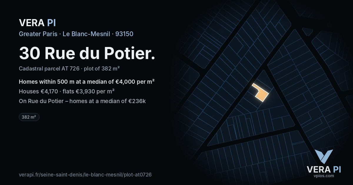 30 Rue du Potier, Le Blanc-Mesnil at night – the plot lit, the parcels around coloured by the prices near them