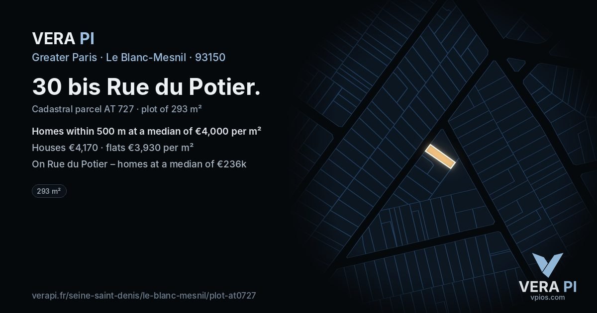 30 bis Rue du Potier, Le Blanc-Mesnil at night – the plot lit, the parcels around coloured by the prices near them