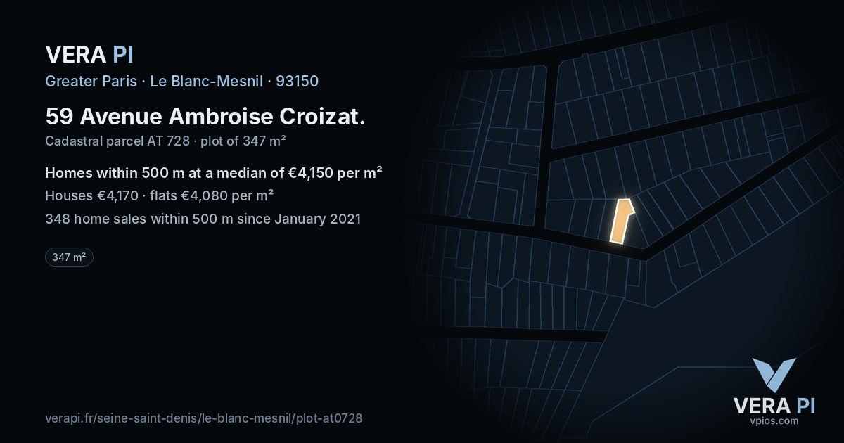 59 Avenue Ambroise Croizat, Le Blanc-Mesnil at night – the plot lit, the parcels around coloured by the prices near them