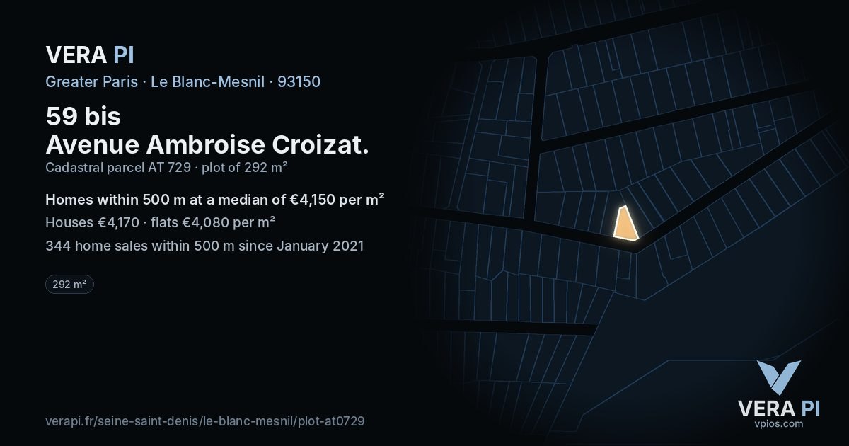 59 bis Avenue Ambroise Croizat, Le Blanc-Mesnil at night – the plot lit, the parcels around coloured by the prices near them