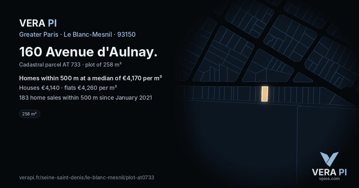 160 Avenue d'Aulnay, Le Blanc-Mesnil at night – the plot lit, the parcels around coloured by the prices near them