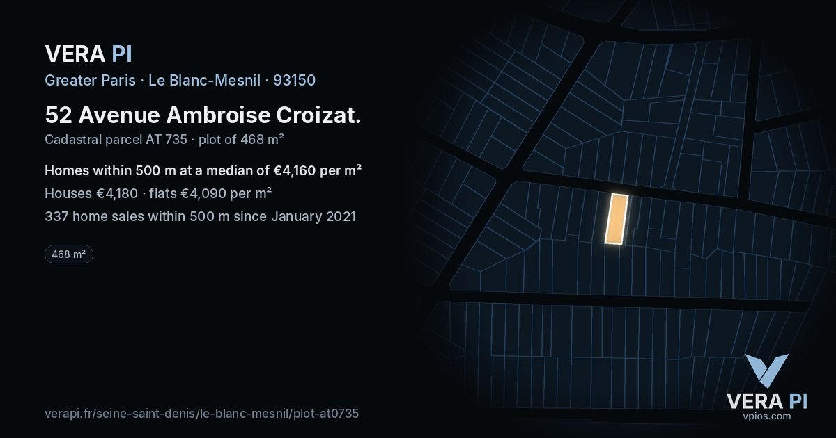 52 Avenue Ambroise Croizat, Le Blanc-Mesnil at night – the plot lit, the parcels around coloured by the prices near them