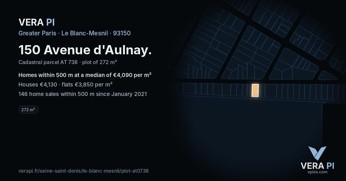 150 Avenue d'Aulnay, Le Blanc-Mesnil at night – the plot lit, the parcels around coloured by the prices near them