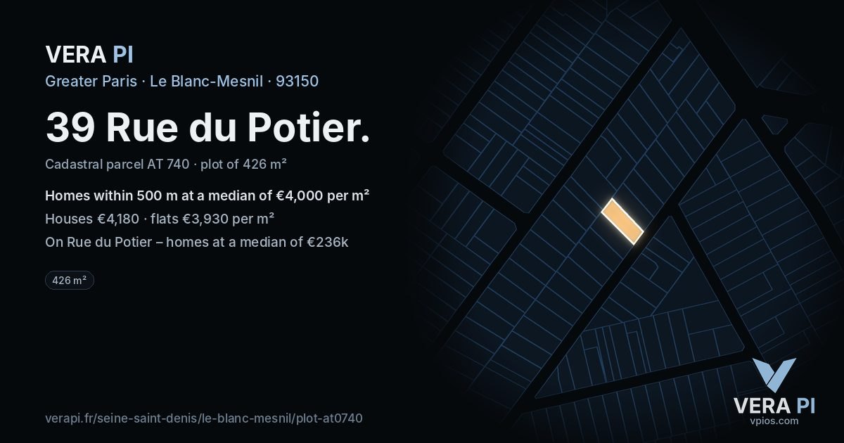 39 Rue du Potier, Le Blanc-Mesnil at night – the plot lit, the parcels around coloured by the prices near them