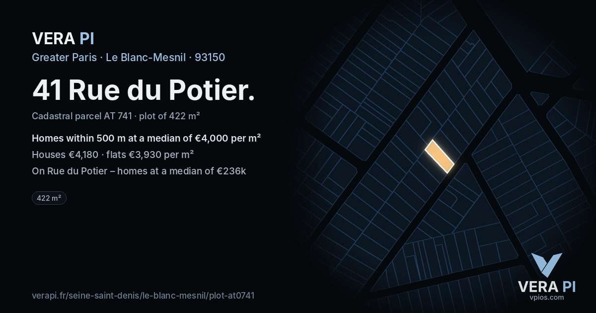41 Rue du Potier, Le Blanc-Mesnil at night – the plot lit, the parcels around coloured by the prices near them