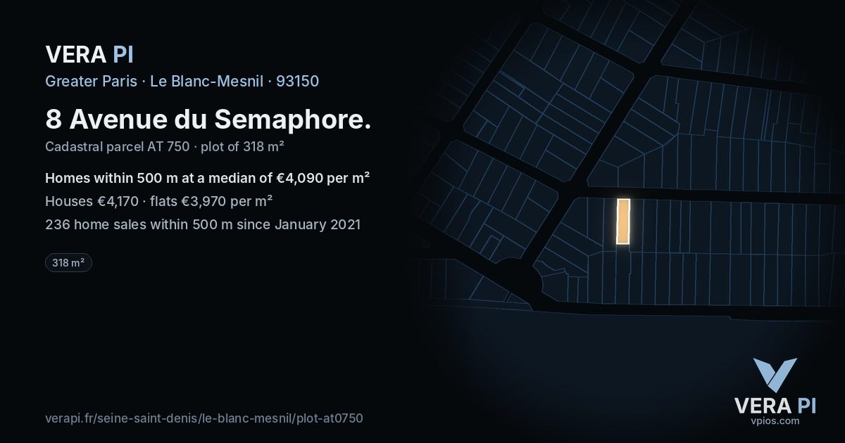8 Avenue du Semaphore, Le Blanc-Mesnil at night – the plot lit, the parcels around coloured by the prices near them