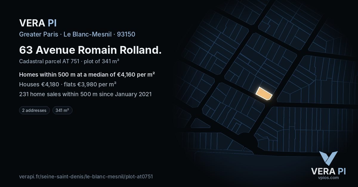 63 Avenue Romain Rolland, Le Blanc-Mesnil at night – the plot lit, the parcels around coloured by the prices near them