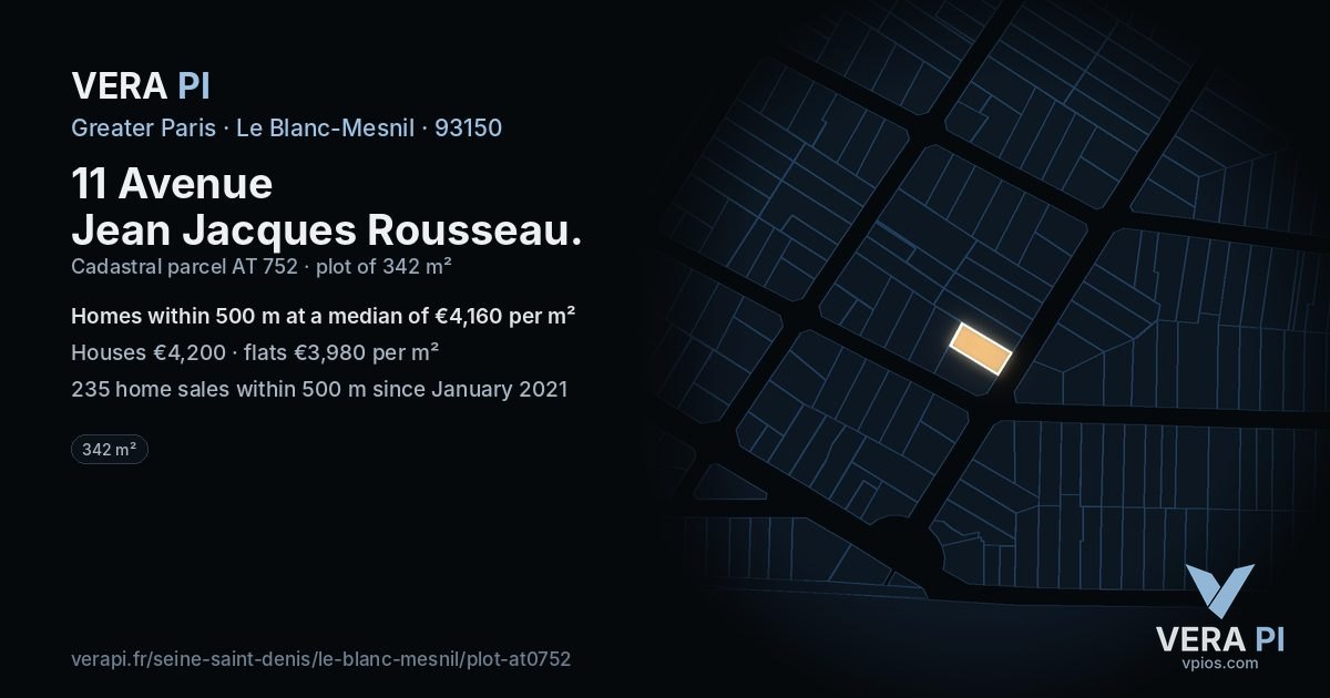 11 Avenue Jean Jacques Rousseau, Le Blanc-Mesnil at night – the plot lit, the parcels around coloured by the prices near them